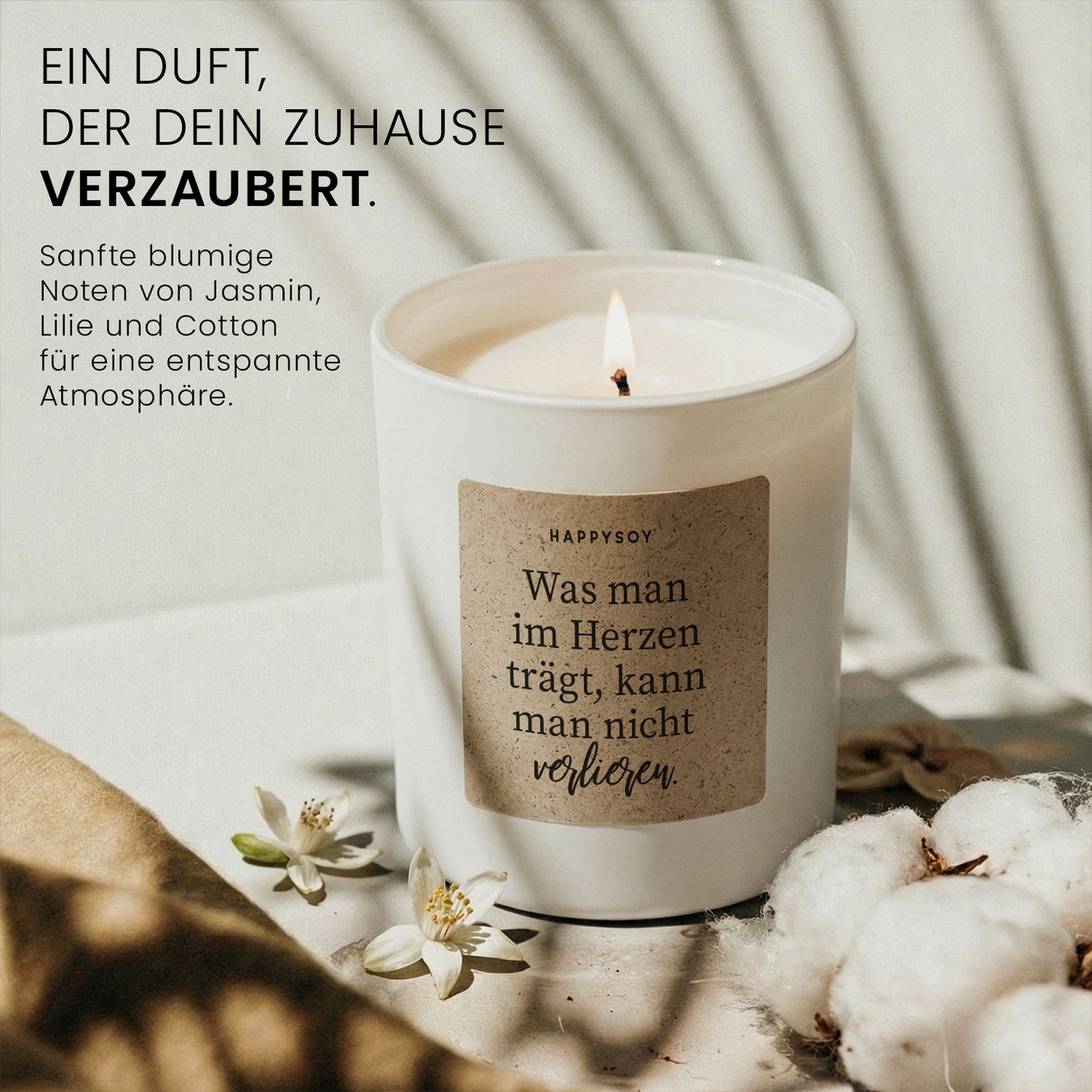 Was man im Herzen trägt, kann man nicht verlieren - Duftkerze mit Spruch als Trostgeschenk, liebevolle Aufmunterung für Freundin, Mama, Schwester, Kerze im Glas mit blumigem Duft - Bild 2
