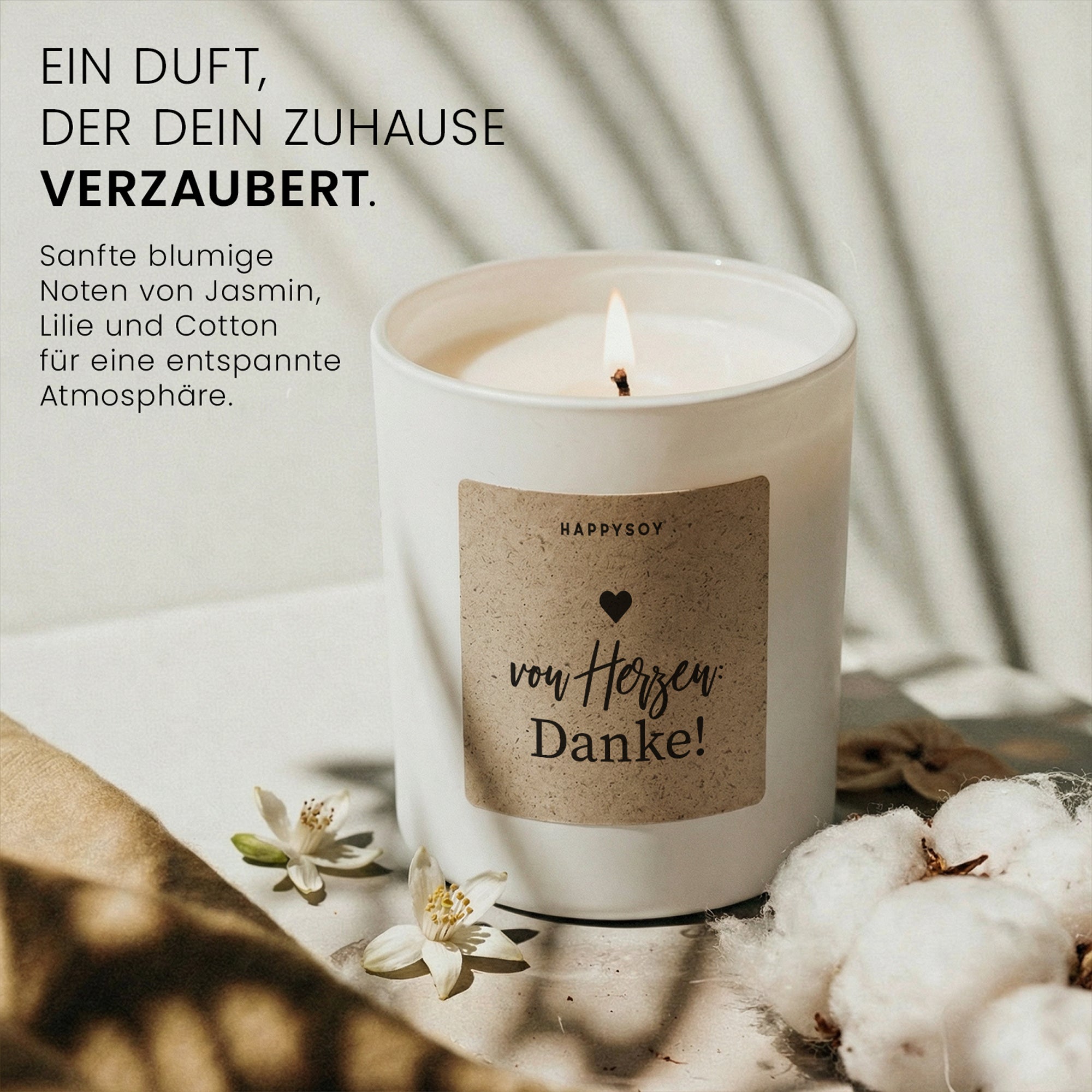 Von Herzen Danke - Duftkerze mit Spruch als Geschenk zum Dankeschön, liebevolle Aufmerksamkeit für Freundin, Kollegin, Mama, Kerze im Glas mit blumigem Duft - Bild 2