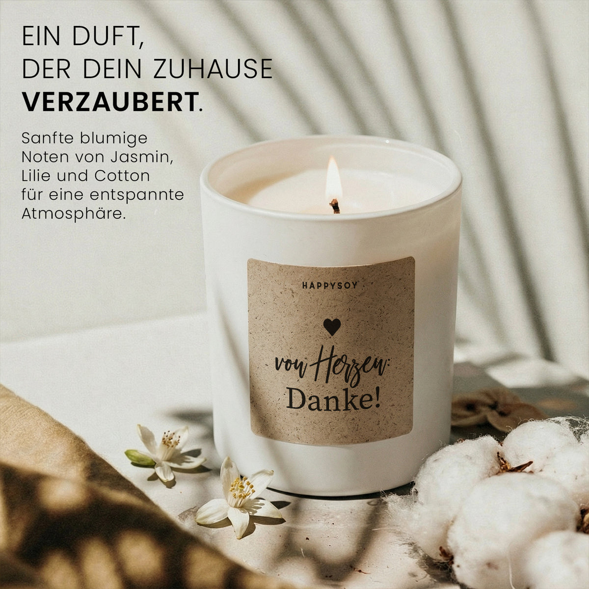 Von Herzen Danke - Duftkerze mit Spruch als Geschenk zum Dankeschön, liebevolle Aufmerksamkeit für Freundin, Kollegin, Mama, Kerze im Glas mit blumigem Duft - Bild 2