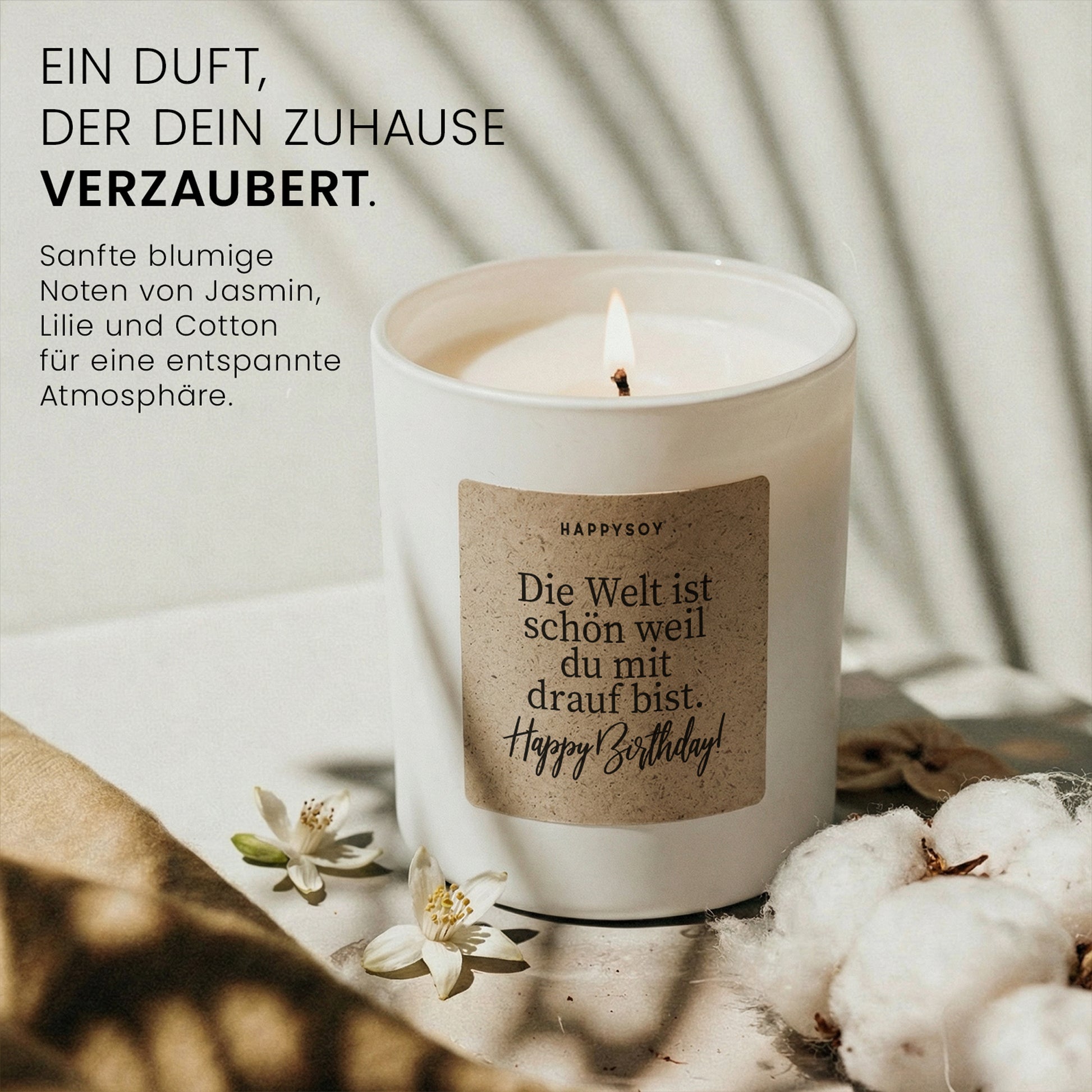 Happy Birthday - Duftkerze mit Spruch als Geschenk zum Geburtstag, liebevolle Geschenkidee mit blumigem Duft, Kerze im Glas für Frauen - Bild 2