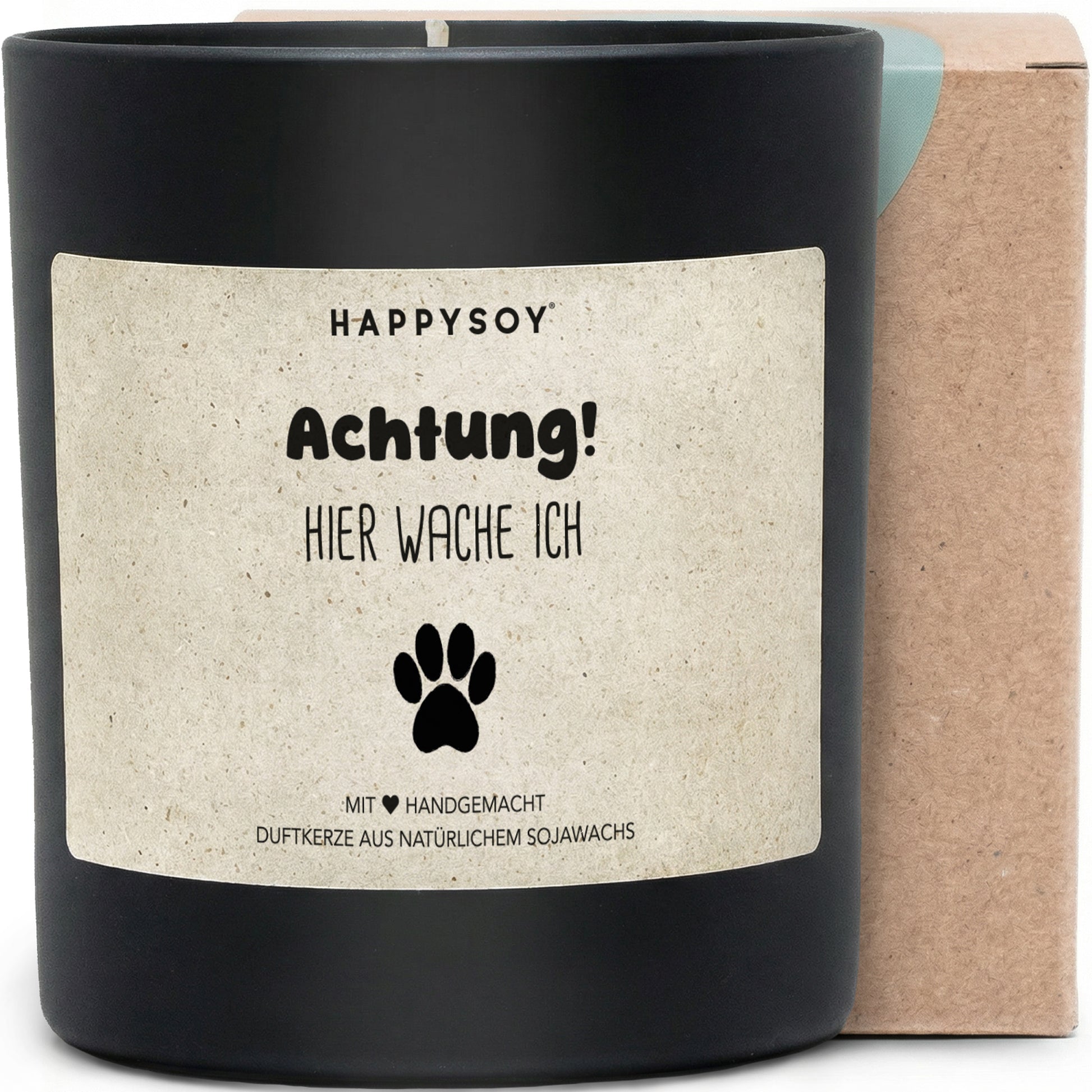 Achtung! Hier wache ich - Duftkerze mit Spruch als lustige Geschenkidee für Zuhause, Frauen und Männer, blumiger Duft, Kerze im Glas - Bild 1