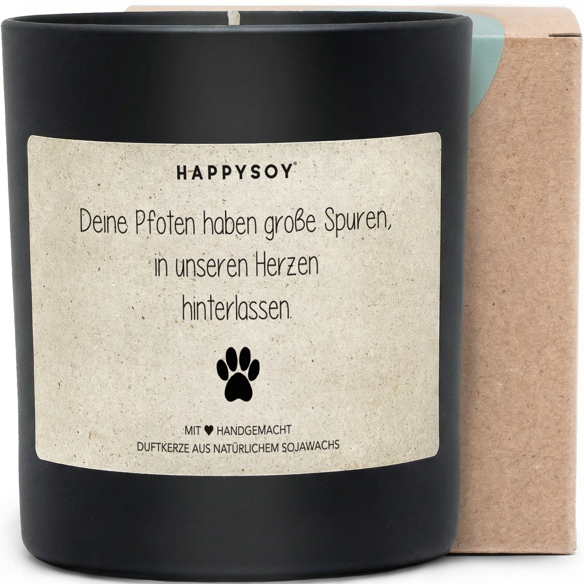 Deine Pfoten haben große Spuren in unseren Herzen hinterlassen - Duftkerze mit Spruch als Trostgeschenk, Tierliebhaber, Abschied Hund Katze, liebevolle Erinnerung, Kerze im Glas, blumiger Duft - Bild 1