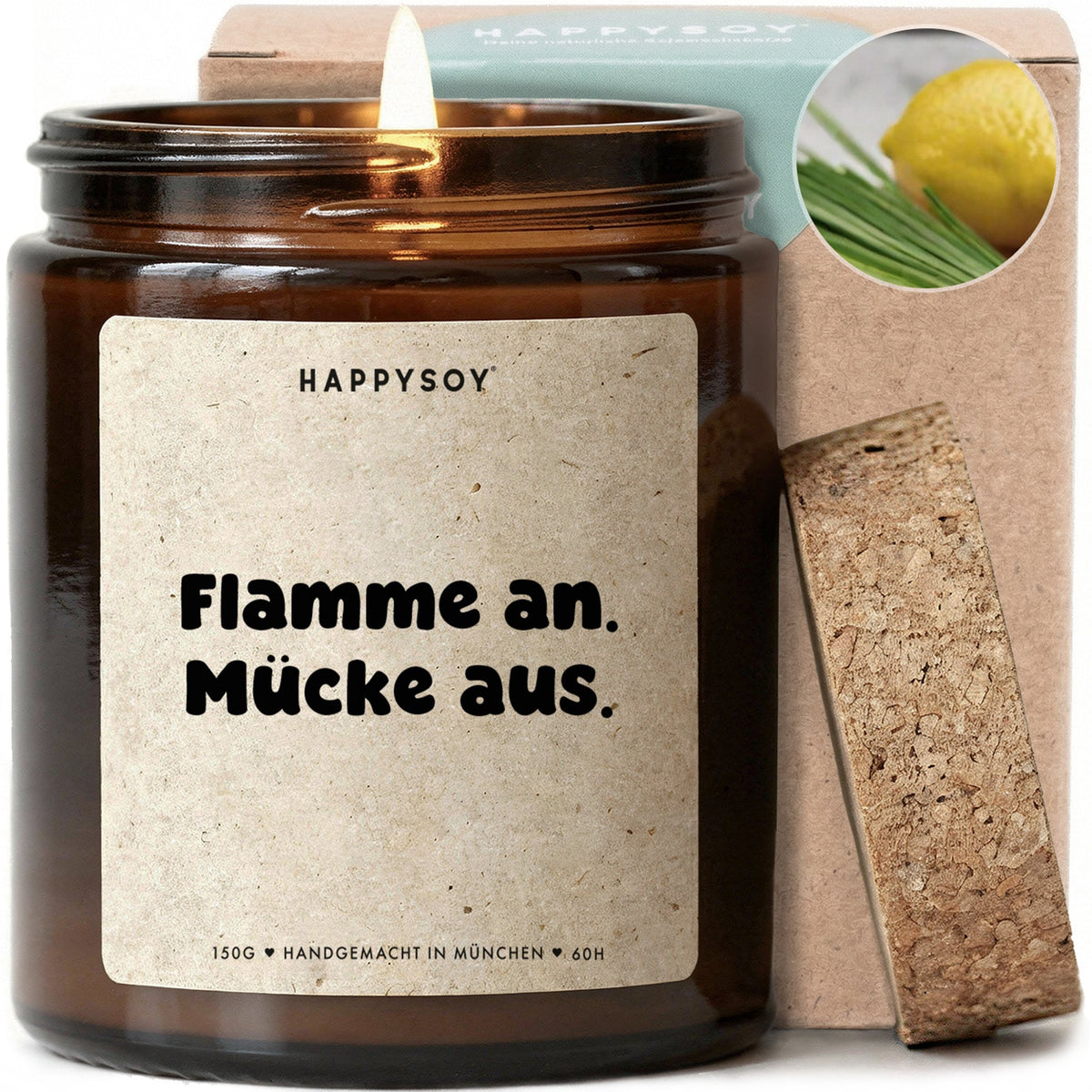 Duftkerze - Flamme an. Mücke aus. - Happysoy®