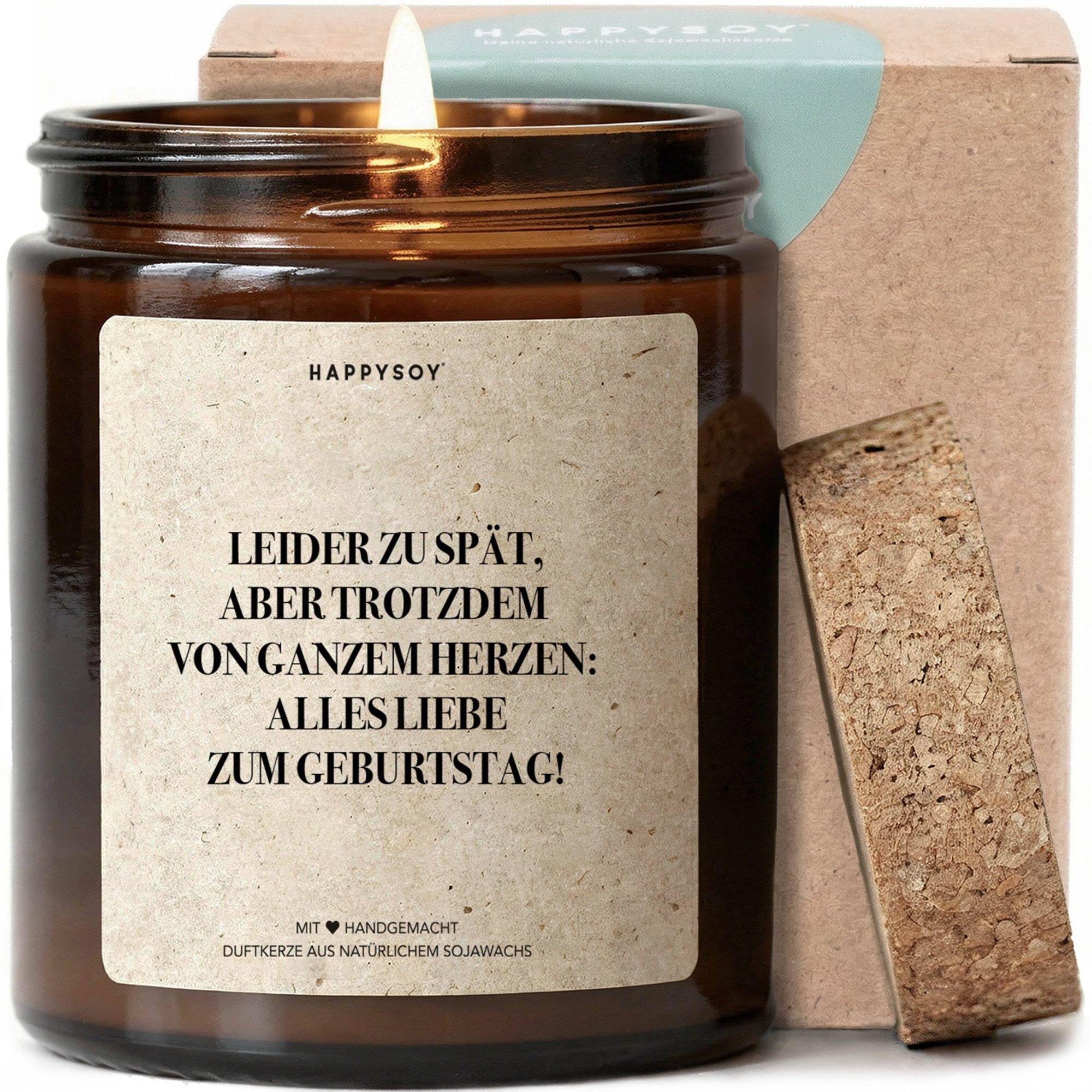 Duftkerze - LEIDER ZU SPÄT, ABER TROTZDEM VON GANZEM HERZEN: ALLES LIEBE ZUM GEBURTSTAG! - Happysoy®