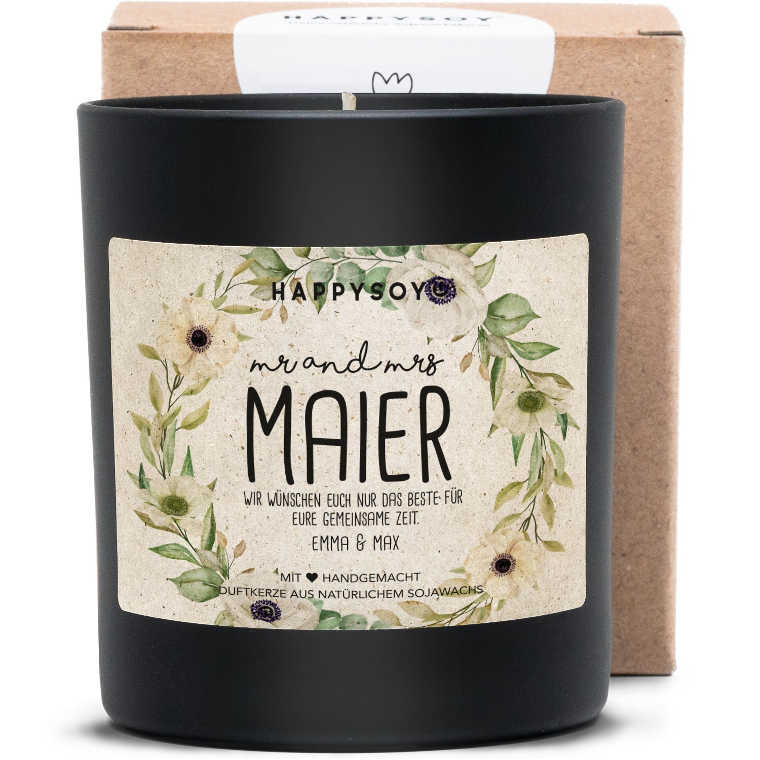 Duftkerze - PERSONALISIERBAR: Hochzeitskerze mit Namen (und Gratulanten) - Happysoy®