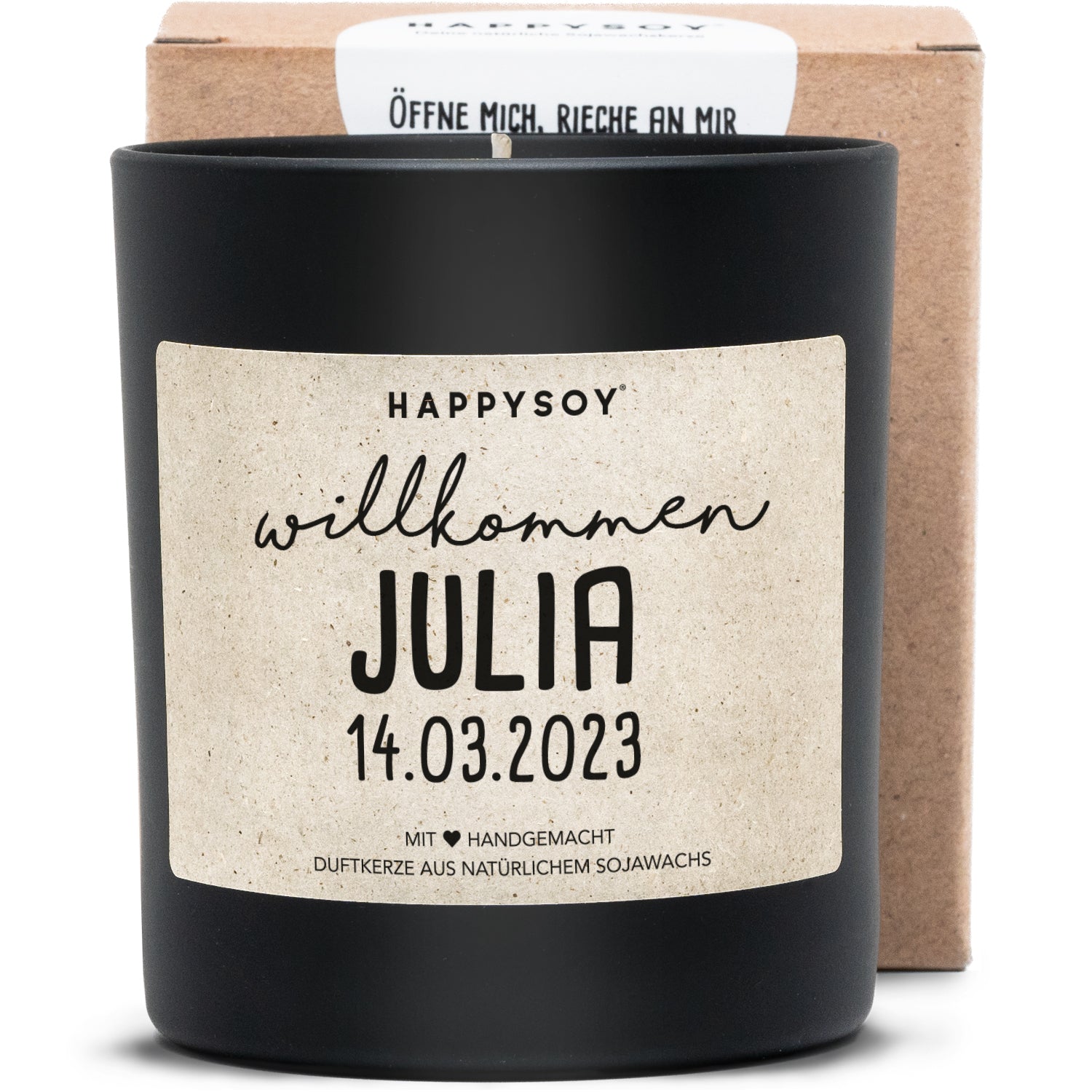 Duftkerze - PERSONALISIERBAR: Willkommen (mit Namen und Datum) - Happysoy®